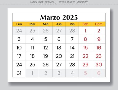2025 'in İspanyol marşı takvimi. Marzo ayı. İspanya için bahar ayı için vektör illüstrasyonları