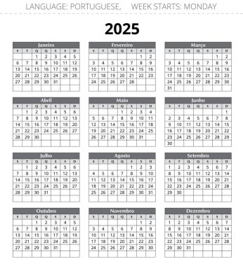 2025 yılının Porto Riko takvimi. Portekiz için vektör illüstrasyonu