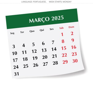 2025 yılı için Mart Porto Riko aylık takvimi. Portekiz için kağıt tasarımı ile vektör illüstrasyonu