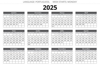 2025 yılının Porto Riko takvimi. Portekiz için vektör illüstrasyonu