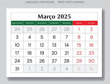 2025 yılı için Mart Porto Riko aylık takvimi. Portekiz için vektör sayfası illüstrasyonu