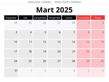 Mart 2025 için Türk takvimi - Takim marşı. Türkiye 'ye bahar ayı için vektör illüstrasyonu