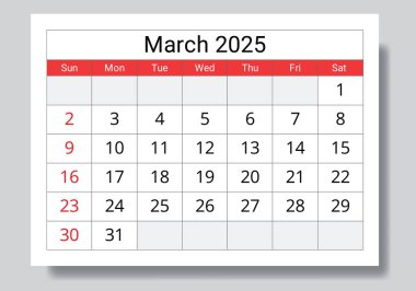 2025 Mart takvimi. Aylık İngilizce takvimlerin vektör koleksiyonu. Pazar başlangıcıyla tasarım