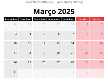 2025 yılı için Mart Porto Riko aylık takvimi. Portekiz için şık tasarımı olan vektör illüstrasyonu