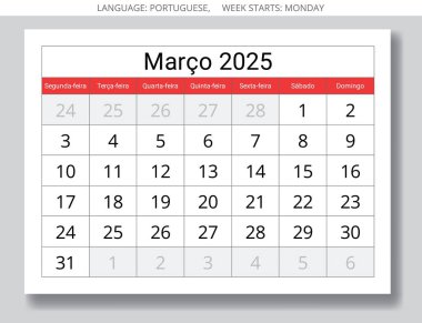 2025 yılı için Mart Porto Riko aylık takvimi. Portekiz için vektör kağıdı illüstrasyonu