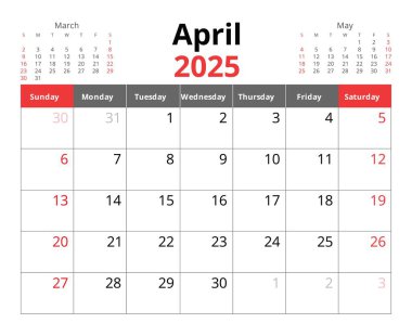 2025 Nisan takvimi. Aylık İngilizce takvim vektörü. Pazar başlangıcıyla tasarım