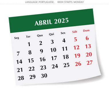 April PORTUGUESE 2025 yılı için aylık takvim. Portekiz için kağıt tasarımı ile vektör illüstrasyonu