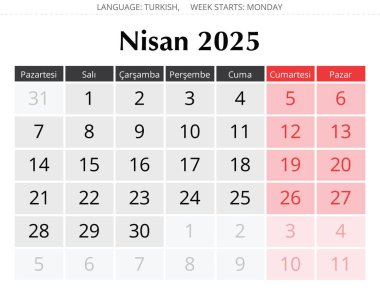 Nisan 2025 için Türk takvimi - Takim nisan. Türkiye için vektör illüstrasyonu