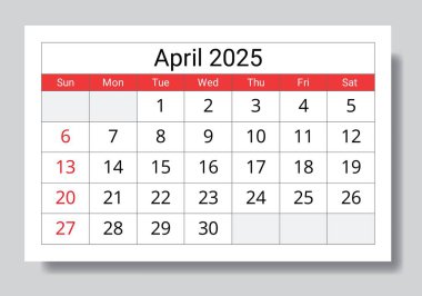 2025 Nisan takvimi. Aylık İngilizce takvimlerin vektör koleksiyonu. Pazar başlangıcıyla tasarım