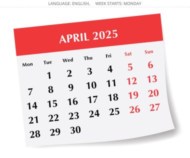 2025 Nisan İngiliz takvimi. Gölgeli aylık kağıt sayfasının vektör illüstrasyonu. Pazartesi başlangıcıyla tasarım