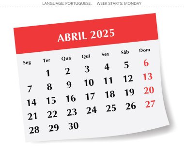 April PORTUGUESE 2025 yılı için aylık takvim. Portekiz için şık kağıt tasarımı ile vektör illüstrasyonuName