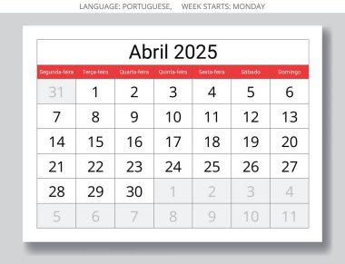 April PORTUGUESE 2025 yılı için aylık takvim - özet. Portekiz için vektör kağıdı illüstrasyonu