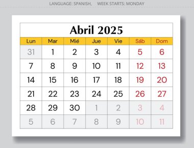 2025 sayfasındaki İspanyol Nisan takvimi - ay kısaltması. İspanya için bahar ayı için vektör illüstrasyonları