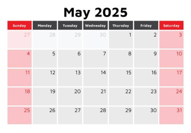 2025 takvim olabilir. Aylık İngiliz bahar takvimi vektörü. Pazar başlangıcıyla tasarım
