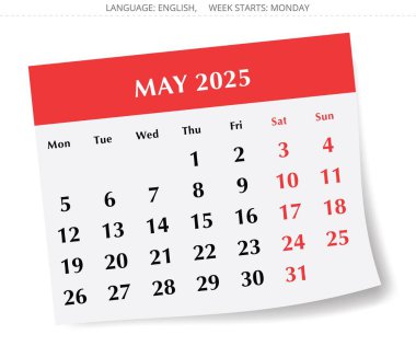 2025 Mayıs İngiliz takvimi. Gölgeli aylık kağıt sayfasının vektör illüstrasyonu. Pazartesi başlangıcıyla tasarım