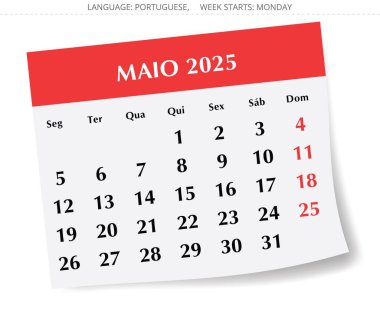 2025 yılı için Mayıs Porto Riko aylık takvimi - MAIO. Portekiz için şık kağıt tasarımı ile vektör illüstrasyonuName