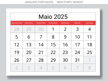 2025 yılı için Mai Porto Riko aylık takvimi - maio. Portekiz için vektör kağıdı illüstrasyonu