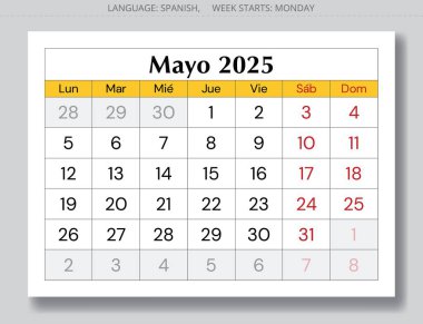 2025 'in İspanyolca takvimi, Mayo ayı. İspanya için bahar ayı için vektör illüstrasyonları