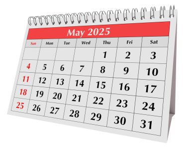 Mayıs 2025 takvimi. Yıllık iş masası takviminin sayfası şeffaf png arkaplanda izole edildi
