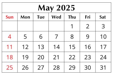 Mayıs 2025 İngiliz bahar takvimi. png şeffaf illüstrasyon. Aylık planlama