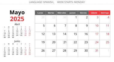 2025 İspanyolca takvim yapabilir - ay mayonezi. İspanya için bahar ayı için vektör illüstrasyonları