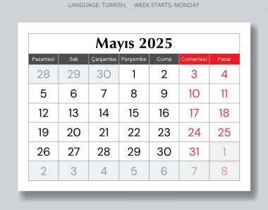 Mayıs 2025 için Türk takviminin gölgeli sayfası - Takim Mayis. Türkiye 'ye bahar ayı için vektör illüstrasyonu