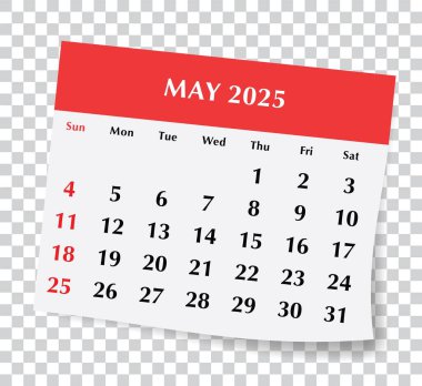 2025 Mayıs İngiliz takvimi. Saydam arkaplanı olan aylık kağıt sayfasının vektör illüstrasyonu