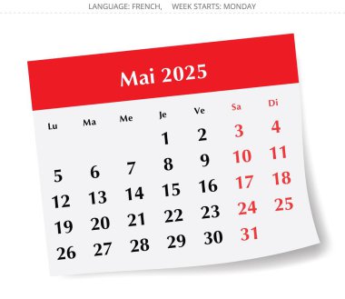 Mayıs 2025 için Fransız takvimi. Fransa için bir bahar ayı kağıt sayfasının vektör illüstrasyonu - mai