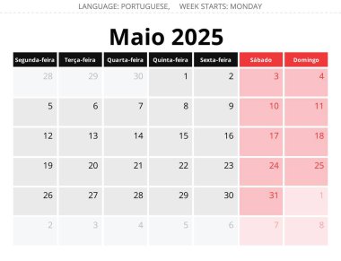 2025 yılı için aylık Porto Riko takvimi. Portekiz için şık tasarımı olan vektör illüstrasyonu