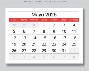 2025 İspanyolca aylık takvim - Enero. İspanya için bahar ayı için vektör sayfası illüstrasyonları
