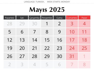 Aylık Türk takvimi Mayıs 2025 - Takim Mayis. Türkiye için vektör illüstrasyonu