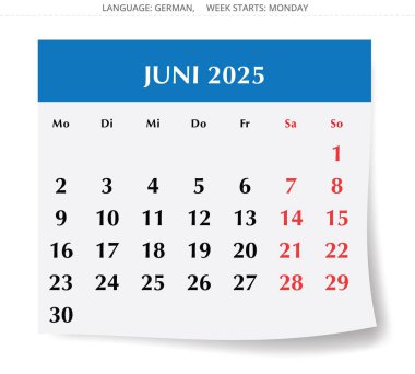 Haziran 2025 için Alman takvimi. Almanya için bir kış ayının vektör illüstrasyonu- Kalender juni