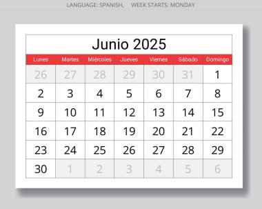2025 İspanyol Haziran aylık takvimi - junio. İspanya için yaz ayı için vektör sayfası çizimleri