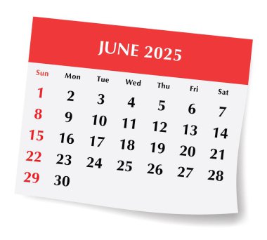 2025 Haziran İngiliz takvimi. Gölgeli aylık kağıt sayfasının vektör illüstrasyonu. Pazar başlangıcıyla tasarım