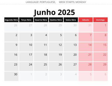 2025 yılı için Haziran Porto Riko aylık takvimi. Portekiz için şık tasarımı olan vektör illüstrasyonu