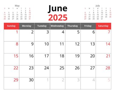 2026 Haziran takvimi. Aylık İngilizce takvim vektörü. Pazar başlangıcıyla tasarım