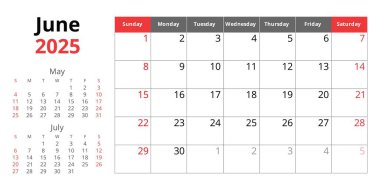 2025 Ocak takvimi. Aylık İngilizce vektörü. Yaz ayı. Pazar başlangıcıyla tasarım