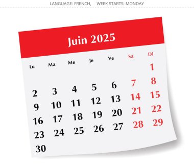 Haziran 2025 için Fransız takvimi. Fransa için bir yaz ayı kağıt sayfasının vektör illüstrasyonu - juin calendrier