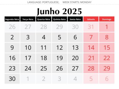 2025 yılının Haziran Porto Riko yıllık takvimi. Portekiz için şık tasarımı olan vektör illüstrasyonu