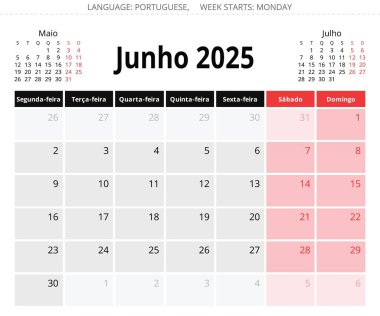 2025 yılı için Haziran Porto Riko aylık takvimi (junho). Portekiz için vektör sayfası illüstrasyonu