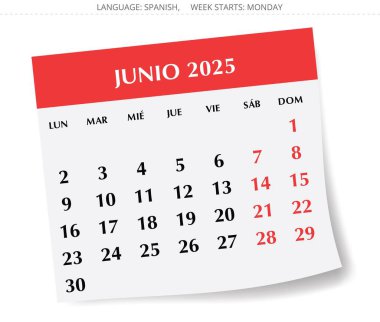 2025 İspanyol Haziran takvimi - 1 aylık junio. İspanya için vektör illüstrasyonları