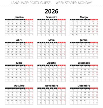 2026 yılının Porto Riko takvimi. Portekiz için dikey vektör illüstrasyonu