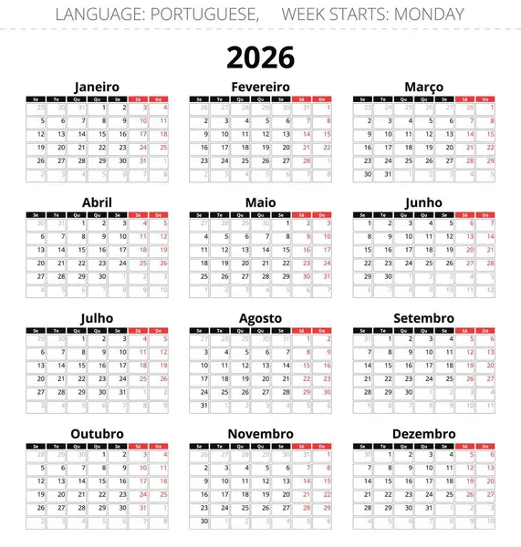 2026 yılının Porto Riko takvimi. Portekiz için dikey vektör illüstrasyonu