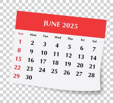 2025 Haziran İngiliz takvimi. Saydam arkaplanı olan aylık kağıt sayfasının vektör illüstrasyonu