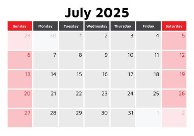 2025 Temmuz takvimi. Aylık İngilizce takvim vektörü. Pazar başlangıcıyla tasarım