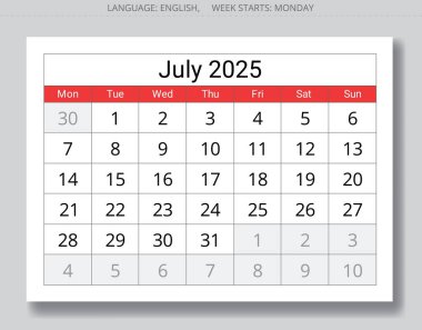 2025 Temmuz takvimi. Aylık İngilizce takvimlerin vektör koleksiyonu. Pazartesi başlangıcıyla tasarım