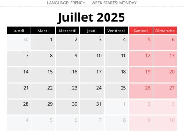 Temmuz 2025 için Fransız takvimi. Fransa için bir ayın vektör illüstrasyonu- juillet takvimi
