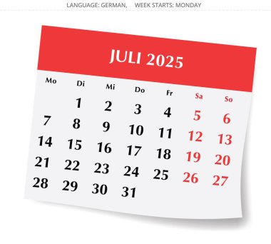 Temmuz 2025 için Alman takvimi. Almanya için ayın vektör illüstrasyon sayfası - Kalender juli