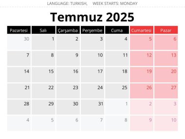Temmuz 2025 için Türk takvimi - Takim Temmuz. Türkiye için