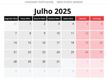 2025 yılı için Temmuz Porto Riko aylık takvimi. Portekiz için şık tasarımı olan vektör illüstrasyonu